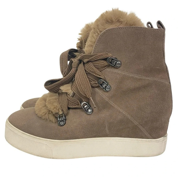 J Slides Faux Fur Wedge Whitney Sneakers Womens 8.5 Platform Booties Suede Taupe - Picture 1 of 16